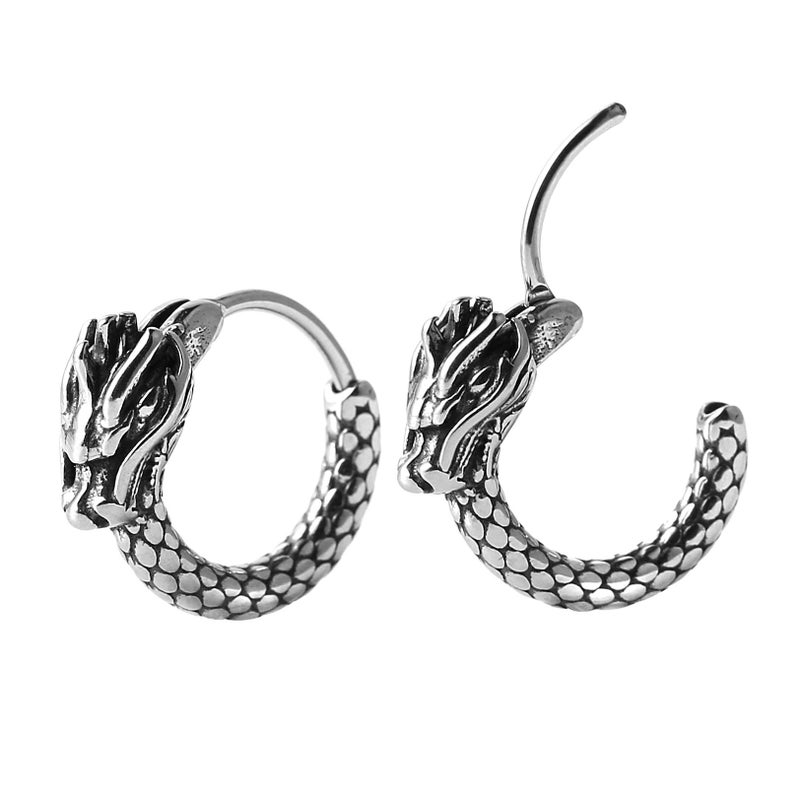 HZMAN Men Women 2pcs Punk Rock Silver Dragon Stainless Steel Perforated Round Stud Earrings Jewelry Gift (Dragon Head) - Image 4