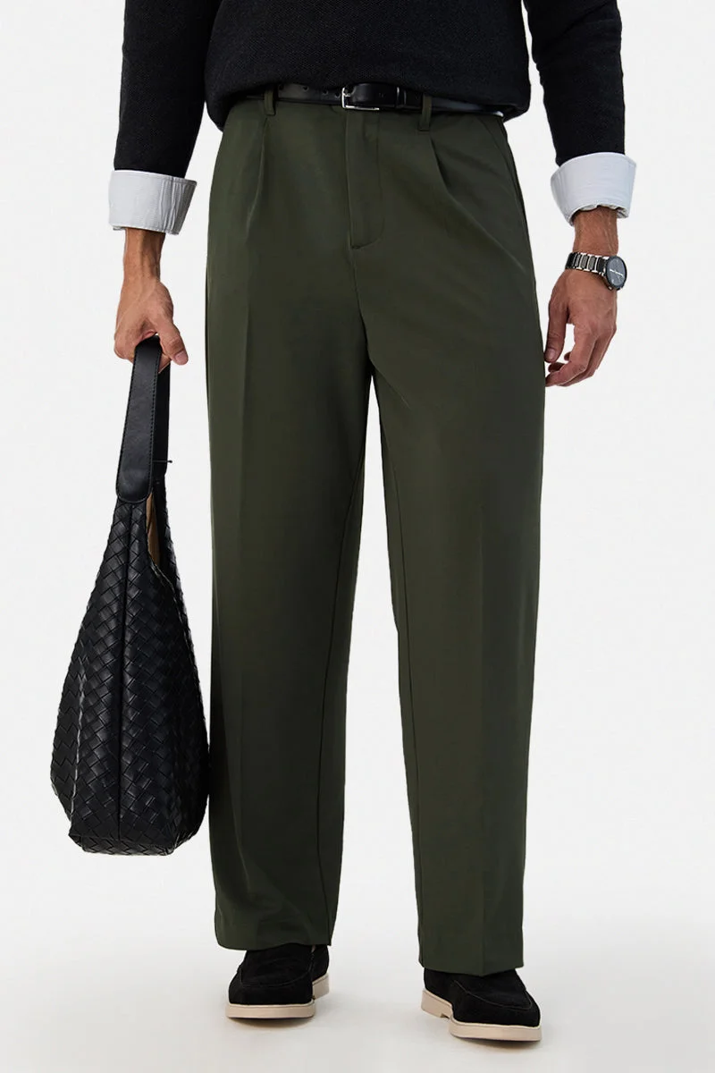 SNITCH Olive Solid Relaxed Formal Trousers