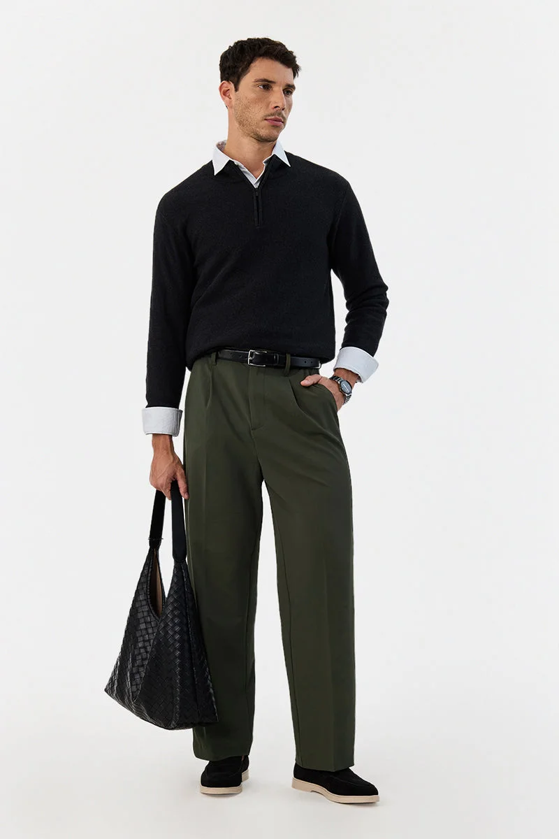 SNITCH Olive Solid Relaxed Formal Trousers