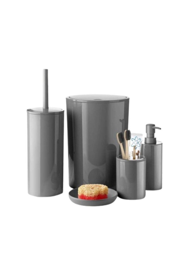 بريمانوفا طقم إكسسوارات حمام ٥ قطع بلاستيك مع سلة نفايات سعة ٦ لتر وفرشاة مرحاض وموزع صابون وحامل فرشاة وصحن صابون بتصميم سهل التنظيف ولمسة لامعة (رمادي) - Image 1