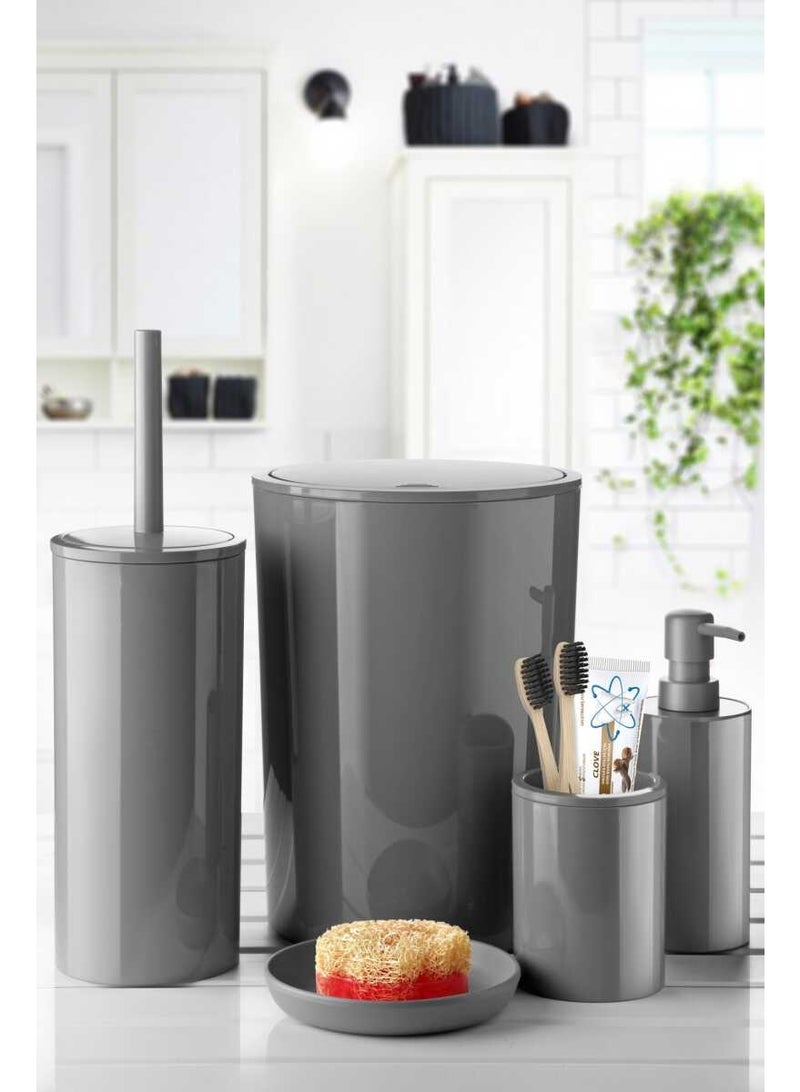 بريمانوفا طقم إكسسوارات حمام ٥ قطع بلاستيك مع سلة نفايات سعة ٦ لتر وفرشاة مرحاض وموزع صابون وحامل فرشاة وصحن صابون بتصميم سهل التنظيف ولمسة لامعة (رمادي) - Image 2