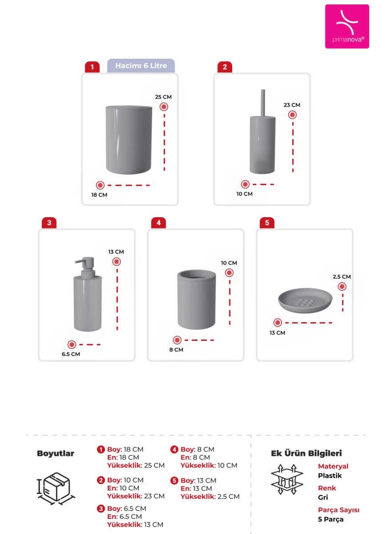 بريمانوفا طقم إكسسوارات حمام ٥ قطع بلاستيك مع سلة نفايات سعة ٦ لتر وفرشاة مرحاض وموزع صابون وحامل فرشاة وصحن صابون بتصميم سهل التنظيف ولمسة لامعة (رمادي) - Image 4