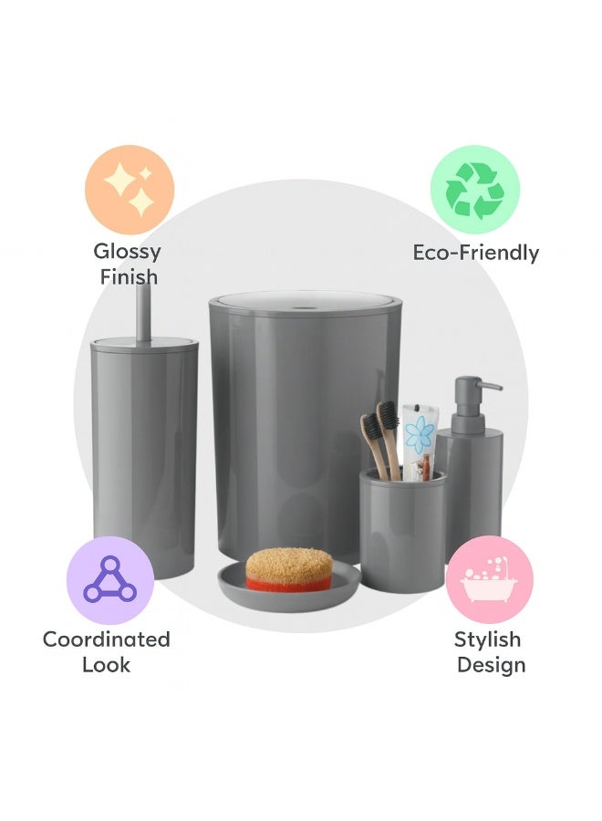 بريمانوفا طقم إكسسوارات حمام ٥ قطع بلاستيك مع سلة نفايات سعة ٦ لتر وفرشاة مرحاض وموزع صابون وحامل فرشاة وصحن صابون بتصميم سهل التنظيف ولمسة لامعة (رمادي) - Image 5