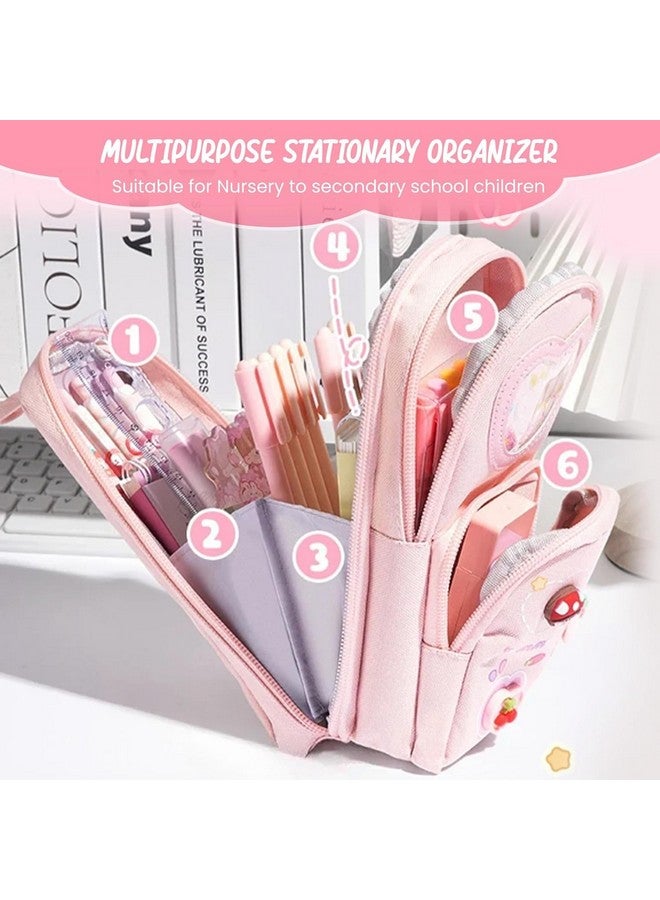 Brand Conquer Brand Conquer Canvas School Bag Pencil Case 3 Layer 6 Compartment Large Capacity, Aesthetic Pencil Pouch for Stationary, Cute Stationery for Kids, Pencil Case for Girls & Boys Gift for Children (Pink) - Image 3