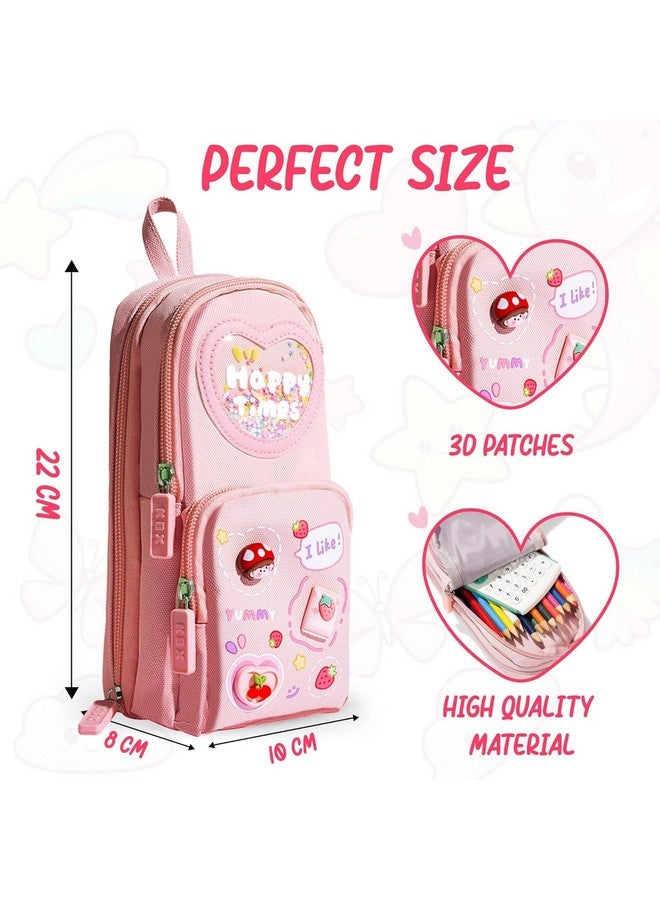 Brand Conquer Brand Conquer Canvas School Bag Pencil Case 3 Layer 6 Compartment Large Capacity, Aesthetic Pencil Pouch for Stationary, Cute Stationery for Kids, Pencil Case for Girls & Boys Gift for Children (Pink) - Image 2