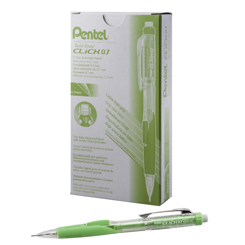 Pentel TwistErase CLICK Mechanical Pencil 07mm CLEAR Barrel Lime Green Grip 12 pack PD277TK - Image 2