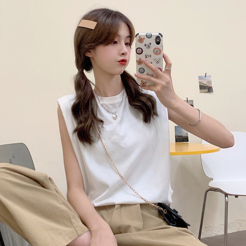 2020 New Summer Pure Color Round Neck Sleeveless T-Shirt For Women Korean Style Loose And Versatile Design Top Vest Ins Trend - Image 3