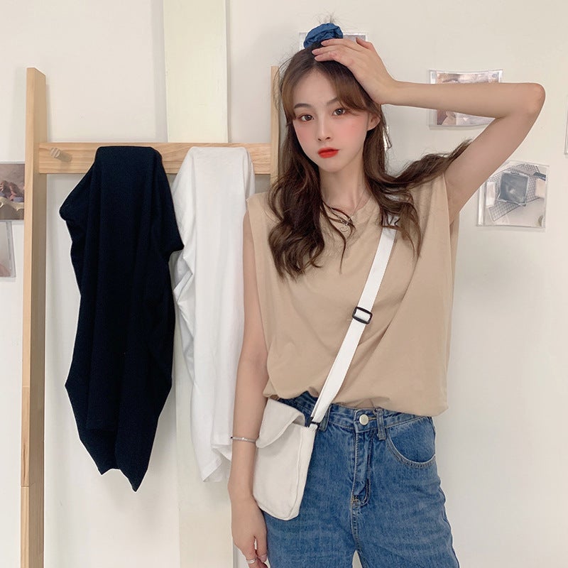 2020 New Summer Pure Color Round Neck Sleeveless T-Shirt For Women Korean Style Loose And Versatile Design Top Vest Ins Trend - Image 5