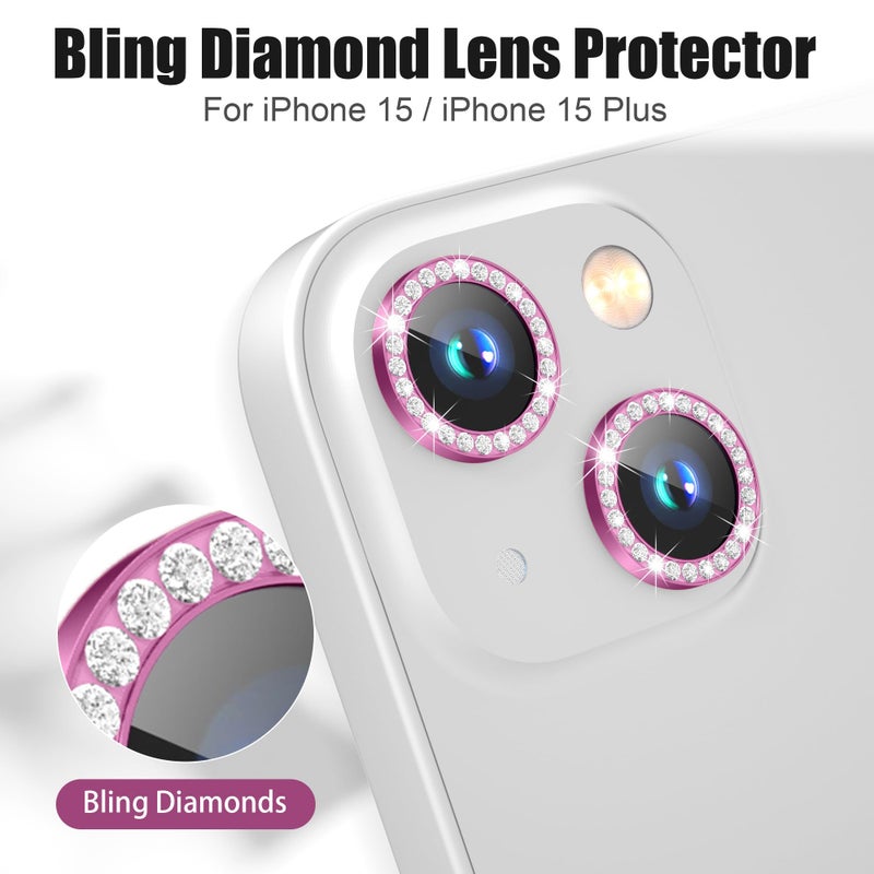 AGVEE 3+3 6 Pack for iPhone 15 6.1" / 15 Plus 6.7" Camera Lens Protector, Bling Diamond & Bling Glitter Metal Ring 9H Tempered HD Glass Camera Cover Film, Bling-Rose - Image 4