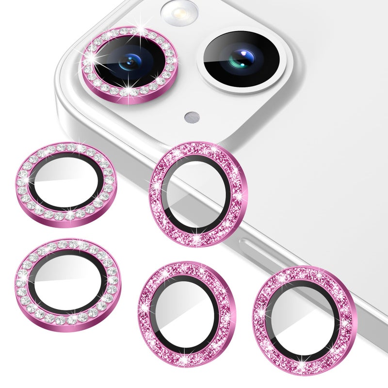 AGVEE 3+3 6 Pack for iPhone 15 6.1" / 15 Plus 6.7" Camera Lens Protector, Bling Diamond & Bling Glitter Metal Ring 9H Tempered HD Glass Camera Cover Film, Bling-Rose - Image 1