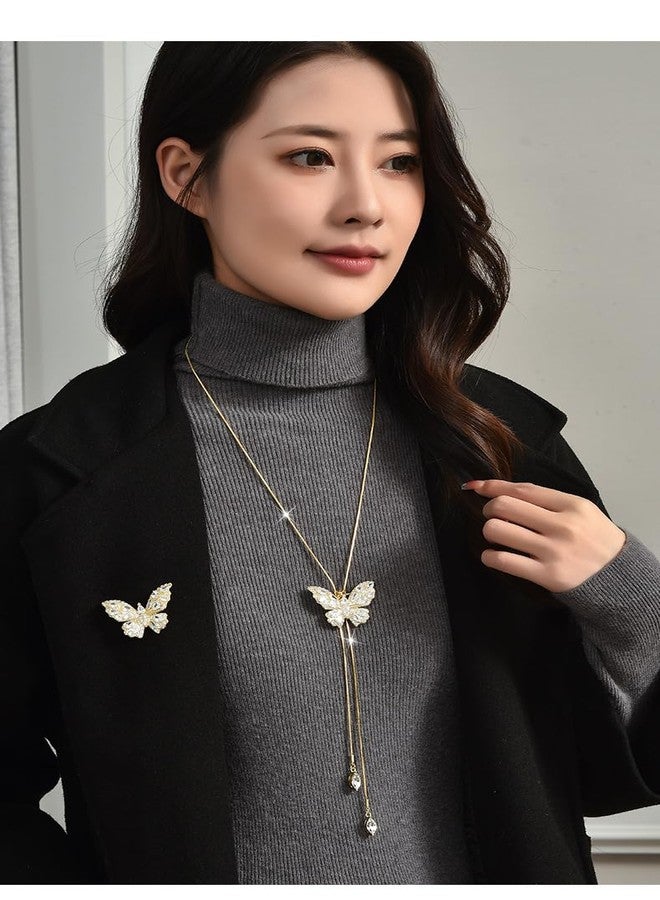 سيثر قلادة فراشة سيثر للنساء، سلسلة طويلة، قلادة كريستال، قلادة زفاف أنيقة، مجوهرات لحفلات الشتاء المسائية، هدية عيد الميلاد (ذهبي) - Image 4