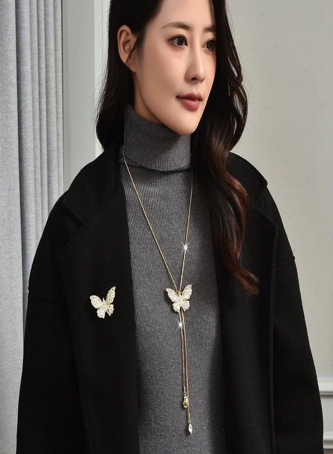 سيثر قلادة فراشة سيثر للنساء، سلسلة طويلة، قلادة كريستال، قلادة زفاف أنيقة، مجوهرات لحفلات الشتاء المسائية، هدية عيد الميلاد (ذهبي) - Image 2