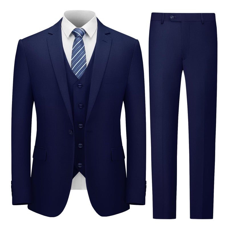 Cooper Nelson Mens Suit Slim Fit 3 Piece Suits for Men One Button Solid Jacket Vest Pants with Tie Tuxedo Set Navy L