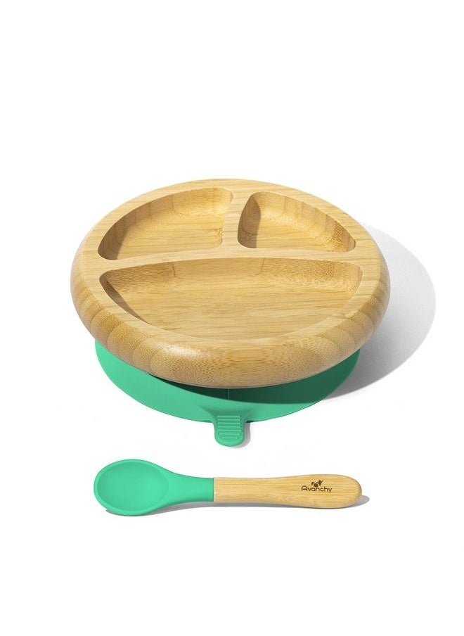 Avanchy ® Baby Plates Divided Bamboo with Suction for Babies Kids Toddler Food with Silicone Spoon for Feeding, Green  - Image 1