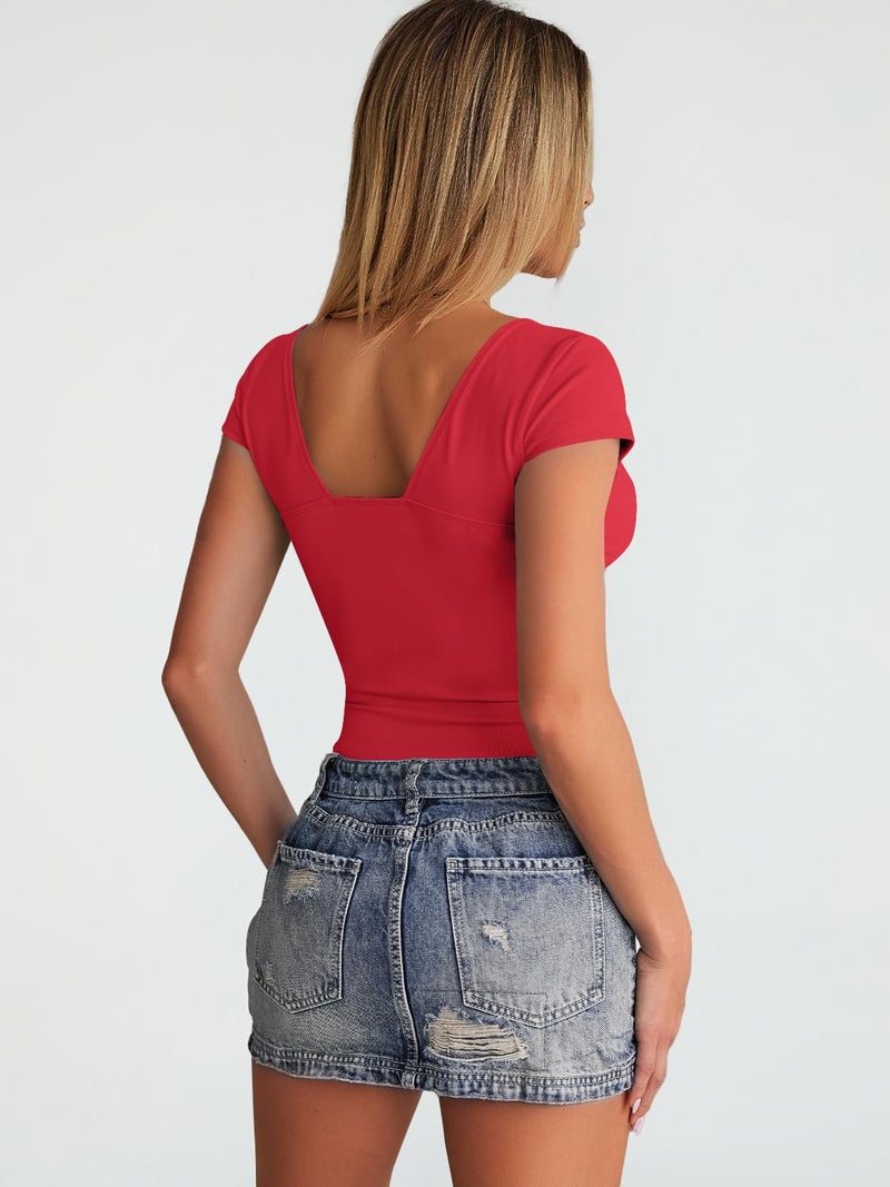 Trendy Queen Womens Summer V-Neck Backless Cute Tops Going Out Sexy Slim T-Shirts Y2K Clothes Corset Spring Outfits 2026 Red S - Image 5