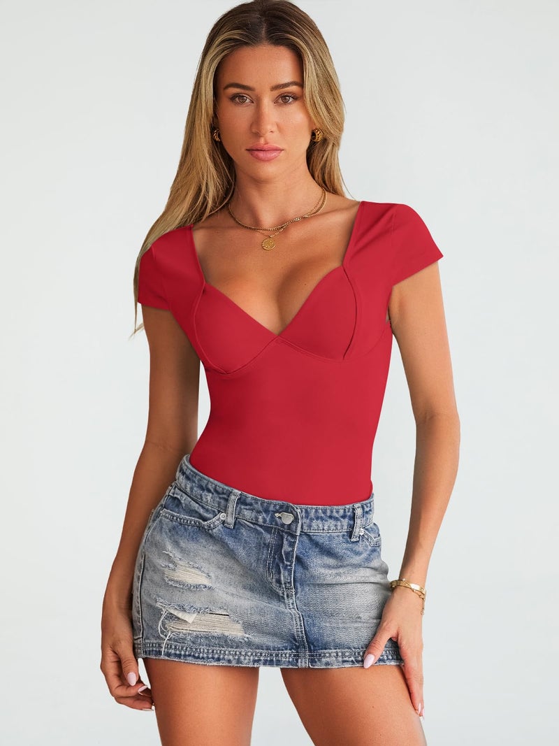 Trendy Queen Womens Summer V-Neck Backless Cute Tops Going Out Sexy Slim T-Shirts Y2K Clothes Corset Spring Outfits 2026 Red S - Image 2