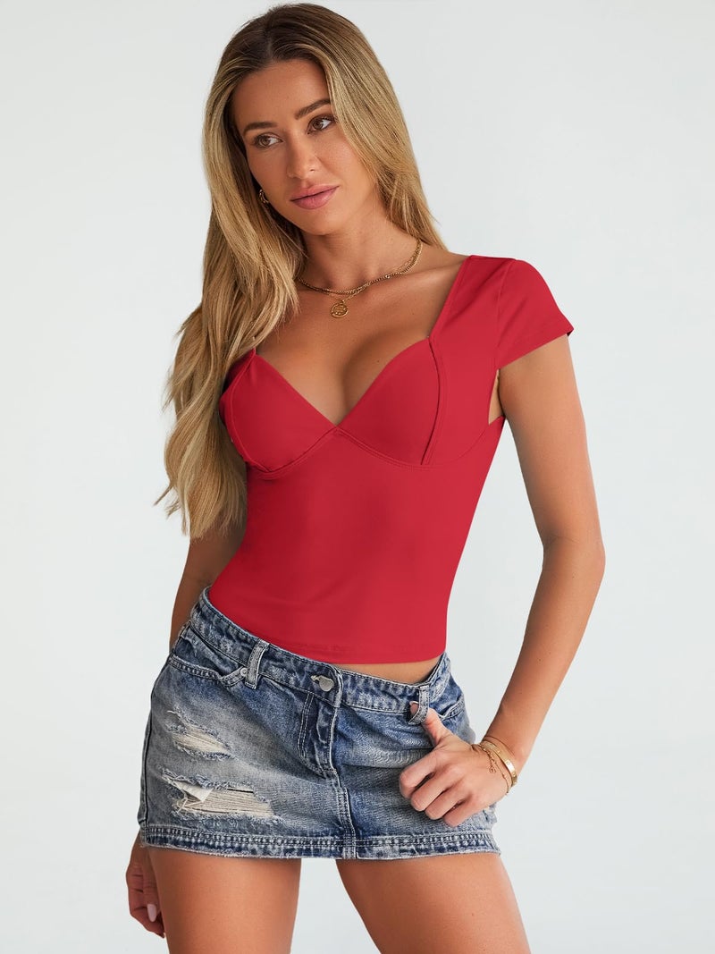 Trendy Queen Womens Summer V-Neck Backless Cute Tops Going Out Sexy Slim T-Shirts Y2K Clothes Corset Spring Outfits 2026 Red S - Image 3