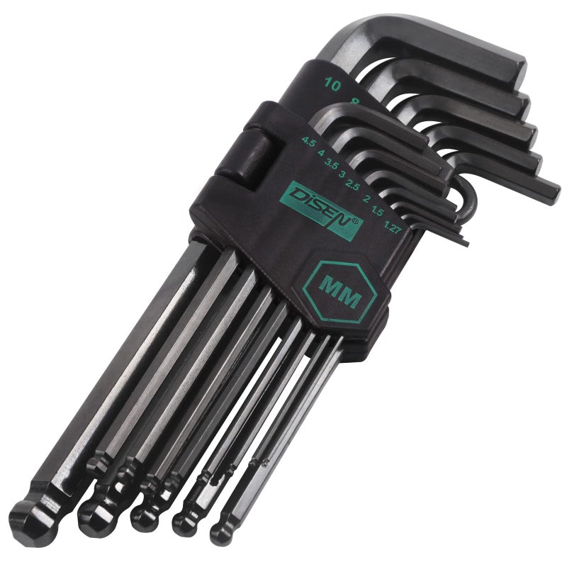 DISEN 13 Pieces Hex Key Allen Wrench Set Metric Size with Ball End, 1.27-10 MM, Long Arm Ball Design, Chrome Vanadium Steel - Image 1