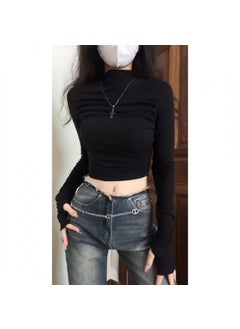 American Style Black Long Sleeve T-Shirt For Women Slimming Design Cropped Top Spring Autumn Season Wardrobe Essential Black [92% rayon + 8% spandex]