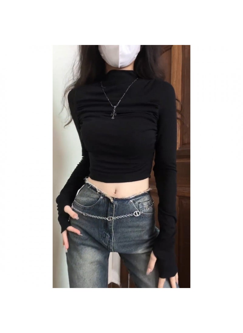 Generic - American Style Black Long Sleeve T-Shirt For Women Slimming Design Cropped Top Spring Autumn Season Wardrobe Essential Black [92% rayon + 8% spandex] - Image 1