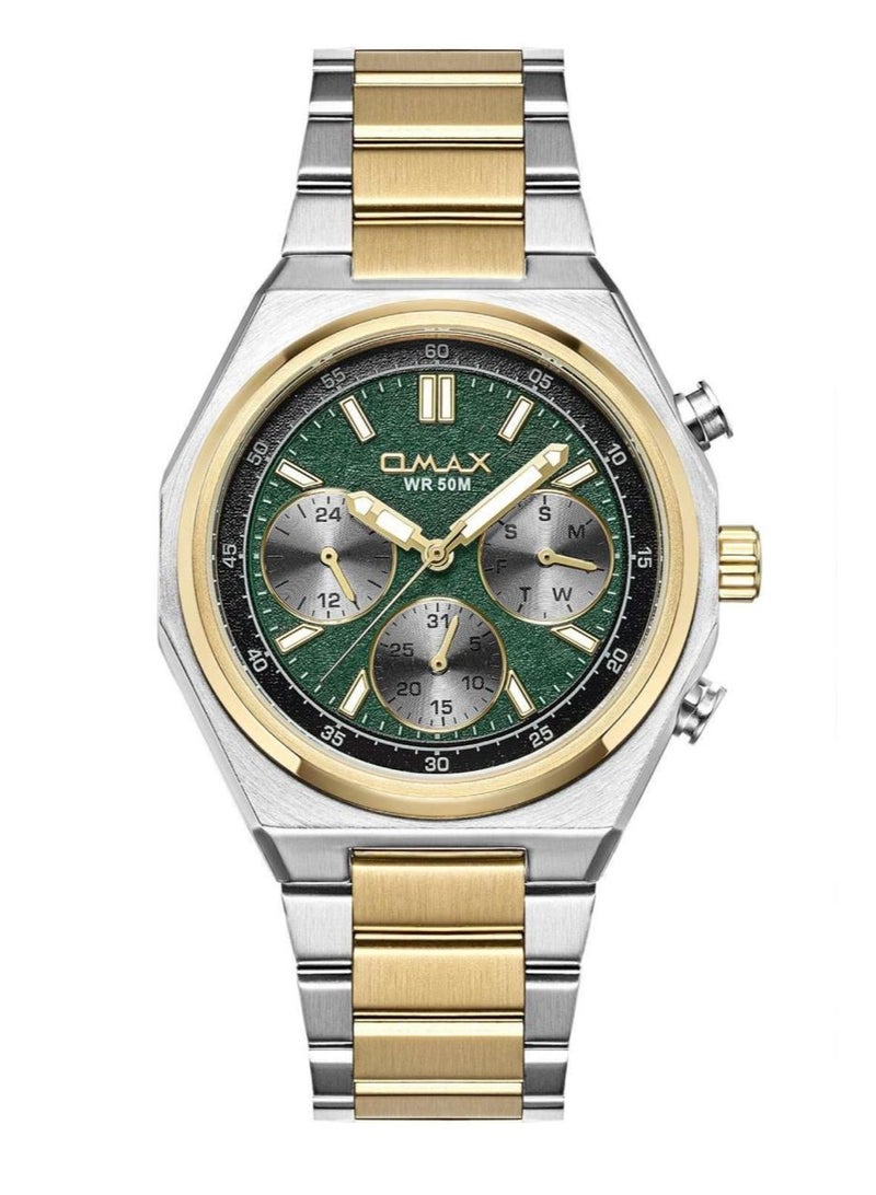 Omax Men's Two-Tone Wrist Watch with Green Dial, WR 50M - Image 1
