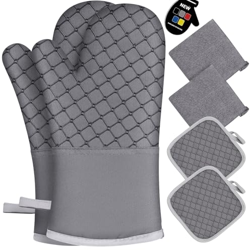 Wsedor 6 Pcs Oven Mitts and Pot Holders, 500℉ Heat Resistant Oven Mitts with Kitchen Towels Soft Cotton Lining and Non-Slip Silicone Surface Safe for Baking, Cooking, BBQ (Grey) - Image 1