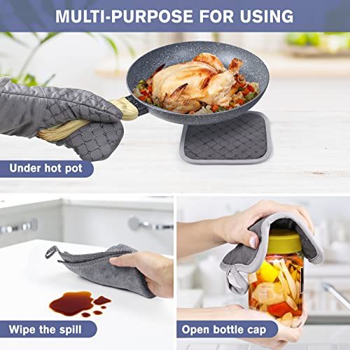 Wsedor 6 Pcs Oven Mitts and Pot Holders, 500℉ Heat Resistant Oven Mitts with Kitchen Towels Soft Cotton Lining and Non-Slip Silicone Surface Safe for Baking, Cooking, BBQ (Grey) - Image 5