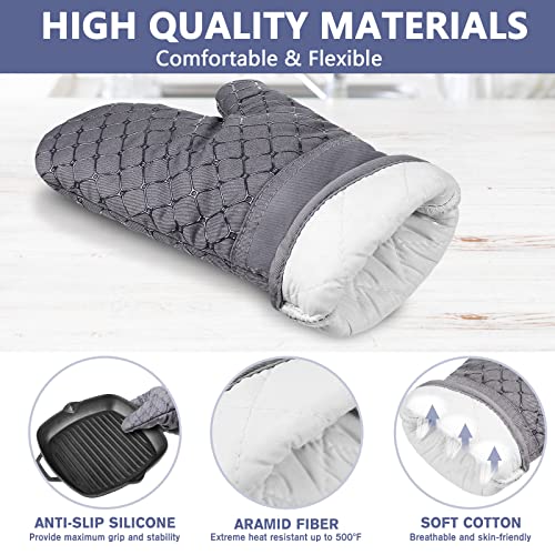Wsedor 6 Pcs Oven Mitts and Pot Holders, 500℉ Heat Resistant Oven Mitts with Kitchen Towels Soft Cotton Lining and Non-Slip Silicone Surface Safe for Baking, Cooking, BBQ (Grey) - Image 3