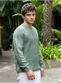 Campus Sutra Men's Sage Green Twist-Knit Pullover Sweater  - Image 3