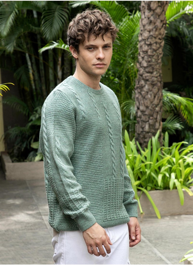 Campus Sutra - Men's Sage Green Twist-Knit Pullover Sweater - Image 1