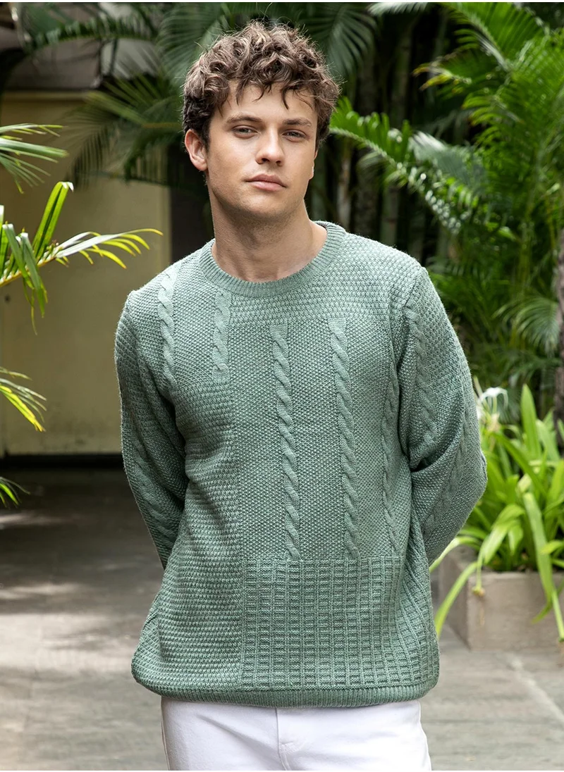 Campus Sutra Men's Sage Green Twist-Knit Pullover Sweater