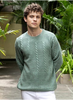 Campus Sutra Men's Sage Green Twist-Knit Pullover Sweater  - Image 2