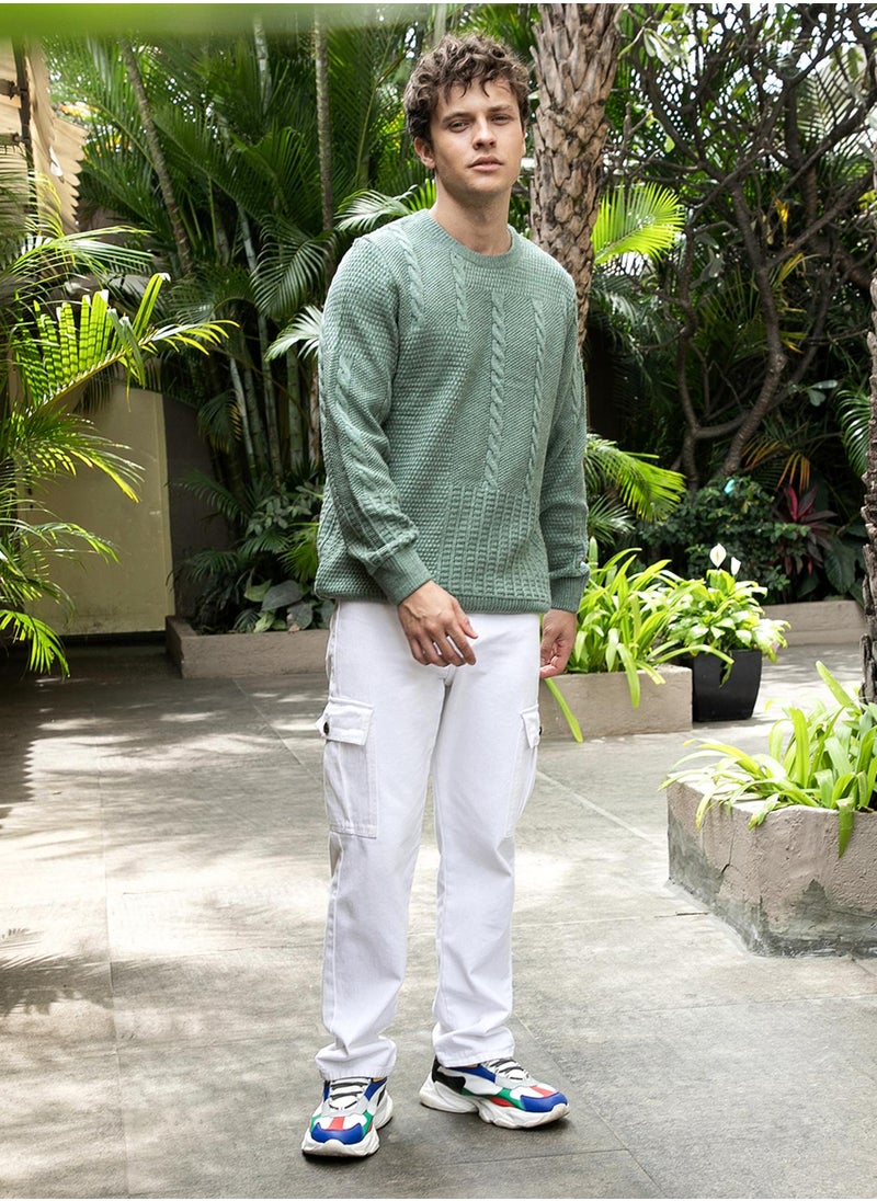 Campus Sutra - Men's Sage Green Twist-Knit Pullover Sweater - Image 1