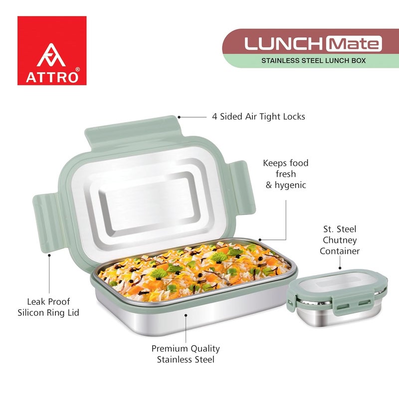 ATTRO صندوق غداء Lunchmate من الفولاذ المقاوم للصدأ محكم الإغلاق ومضاد للتسرب للمكتب والمدرسة والنزهات، 800 مل - أخضر - Image 2