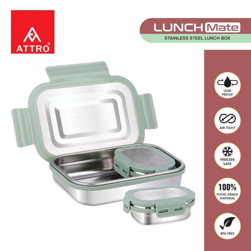 ATTRO صندوق غداء Lunchmate من الفولاذ المقاوم للصدأ محكم الإغلاق ومضاد للتسرب للمكتب والمدرسة والنزهات، 800 مل - أخضر - Image 3