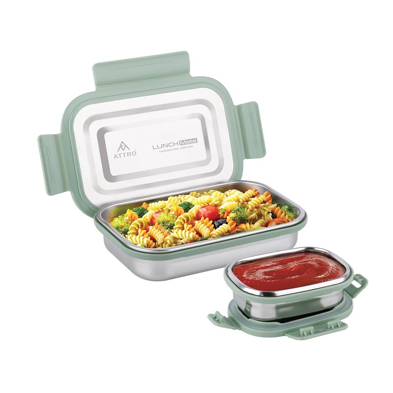 ATTRO صندوق غداء Lunchmate من الفولاذ المقاوم للصدأ محكم الإغلاق ومضاد للتسرب للمكتب والمدرسة والنزهات، 800 مل - أخضر - Image 1