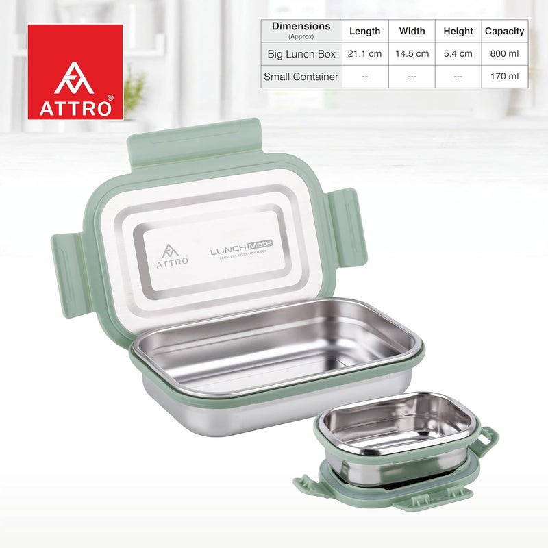 ATTRO صندوق غداء Lunchmate من الفولاذ المقاوم للصدأ محكم الإغلاق ومضاد للتسرب للمكتب والمدرسة والنزهات، 800 مل - أخضر - Image 4