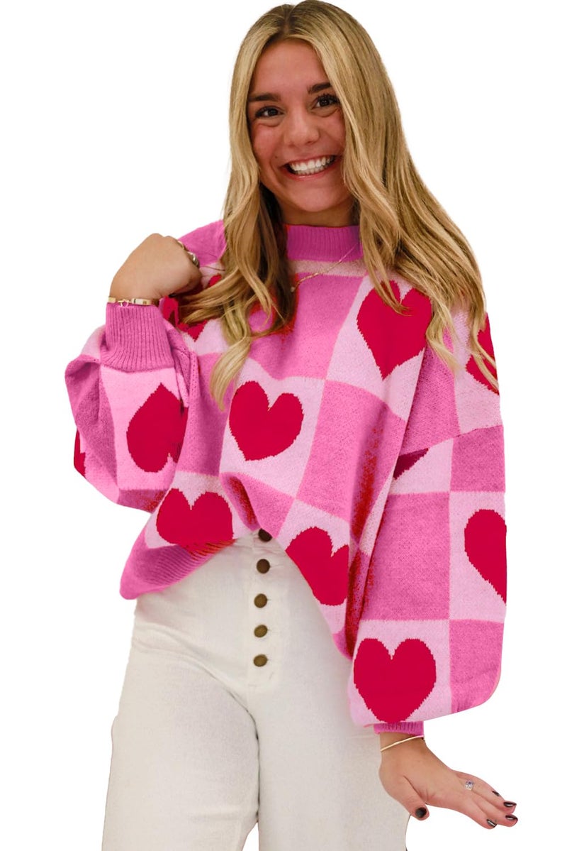 KevaMolly Womens Plus Size Valentines Sweater Heart Lantern Sleeve Sweater Plaid Elegant Baggy Sweaters Pullover Top Pink Love 2XL - Image 5