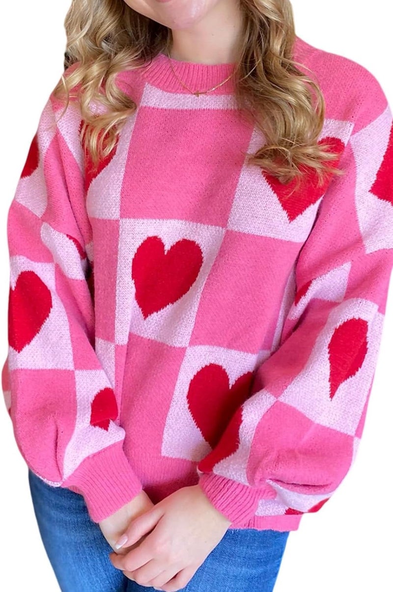 KevaMolly Womens Plus Size Valentines Sweater Heart Lantern Sleeve Sweater Plaid Elegant Baggy Sweaters Pullover Top Pink Love 2XL - Image 2