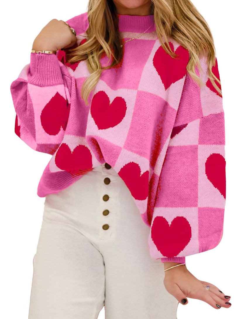 KevaMolly Womens Plus Size Valentines Sweater Heart Lantern Sleeve Sweater Plaid Elegant Baggy Sweaters Pullover Top Pink Love 2XL - Image 1
