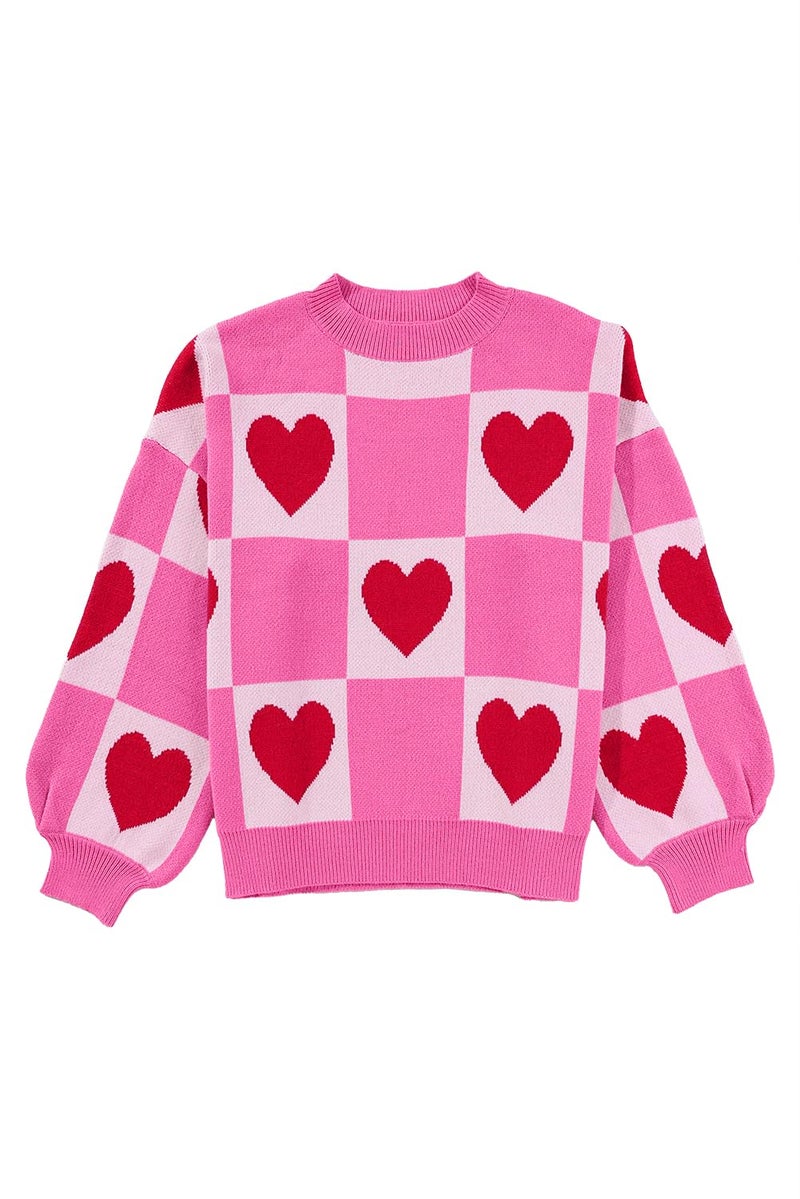 KevaMolly Womens Plus Size Valentines Sweater Heart Lantern Sleeve Sweater Plaid Elegant Baggy Sweaters Pullover Top Pink Love 2XL - Image 4