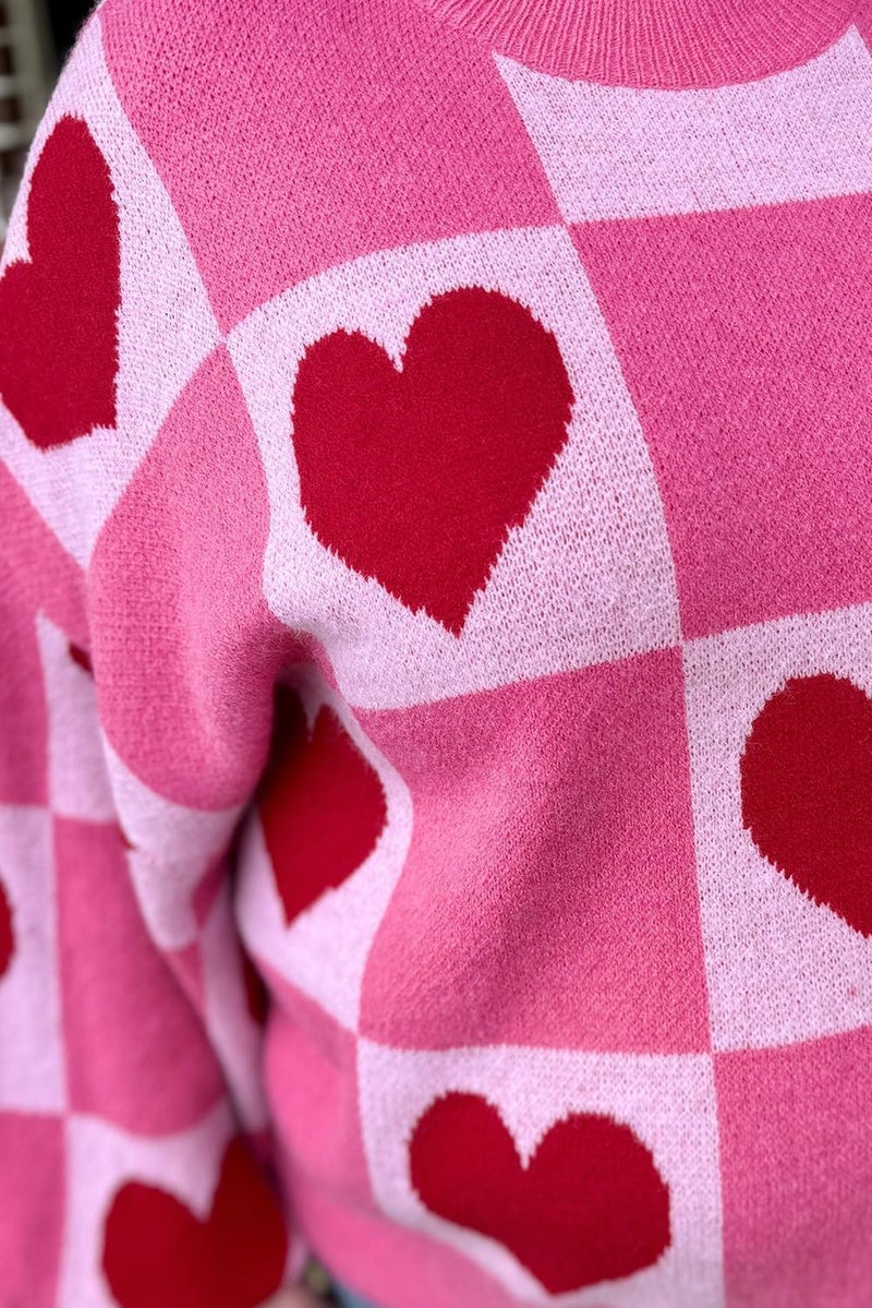 KevaMolly Womens Plus Size Valentines Sweater Heart Lantern Sleeve Sweater Plaid Elegant Baggy Sweaters Pullover Top Pink Love 2XL - Image 3