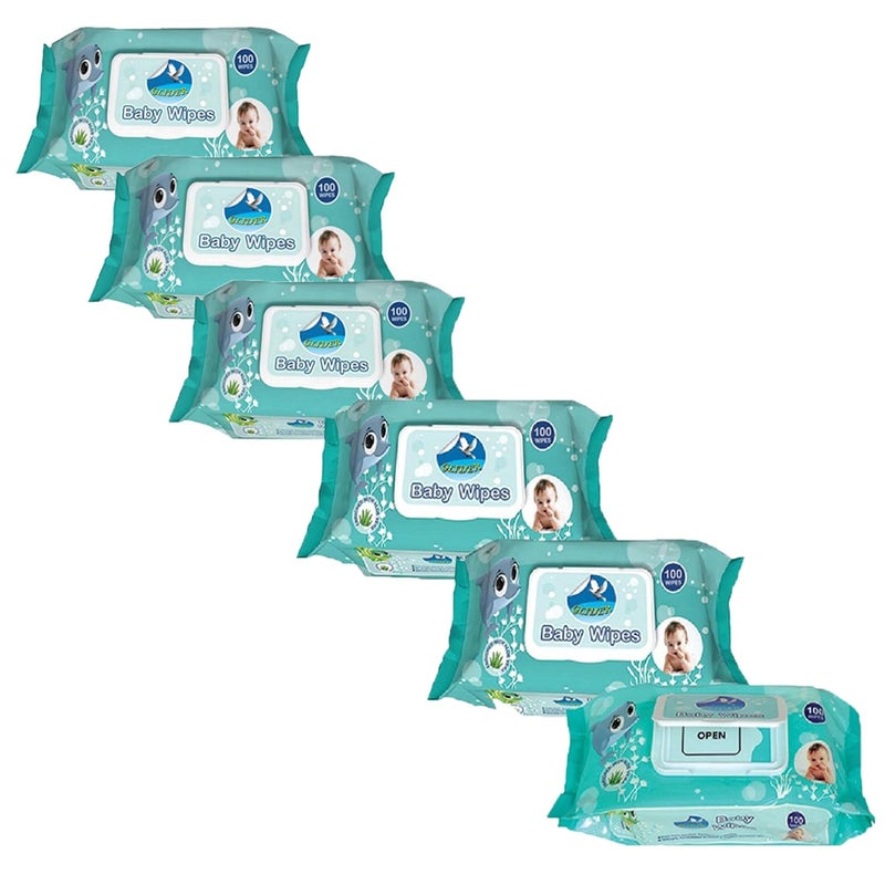 GLIDER Baby Wipes with Lid/Flip-top(100 Wipes/Pack) (Pack of 6 (600 Wipes)) - Image 1