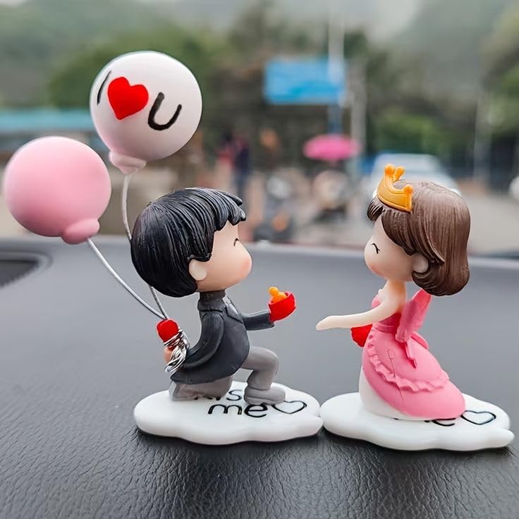 SARTE Car Dashboard Toys – Adorable Couple Figurine with 1 Boy and 1 Girl Balloon, Perfect Car Decoration and Gift for Car Lovers, Includes 6 Resin Adhesive Stickers (Pink & Grey) - Image 1