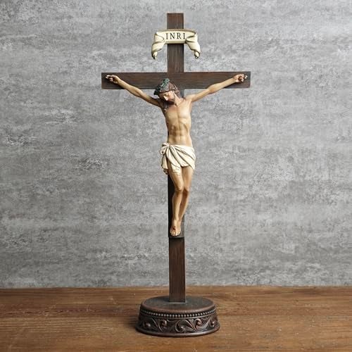 BC BUILDCLASSIC BC Catholic Crucifix Standing Cross, Jesus Christ tabletop Home Decor, Religious Gift, Wood Carve Looking, Realistic Finish, 10.9" H Hand Painted by Buildclassic - Image 3