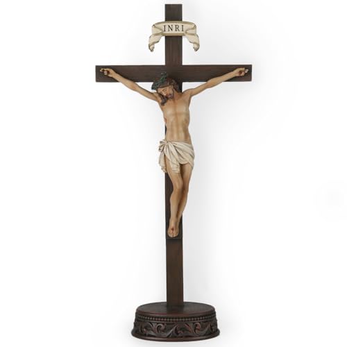 BC BUILDCLASSIC BC Catholic Crucifix Standing Cross, Jesus Christ tabletop Home Decor, Religious Gift, Wood Carve Looking, Realistic Finish, 10.9" H Hand Painted by Buildclassic - Image 1