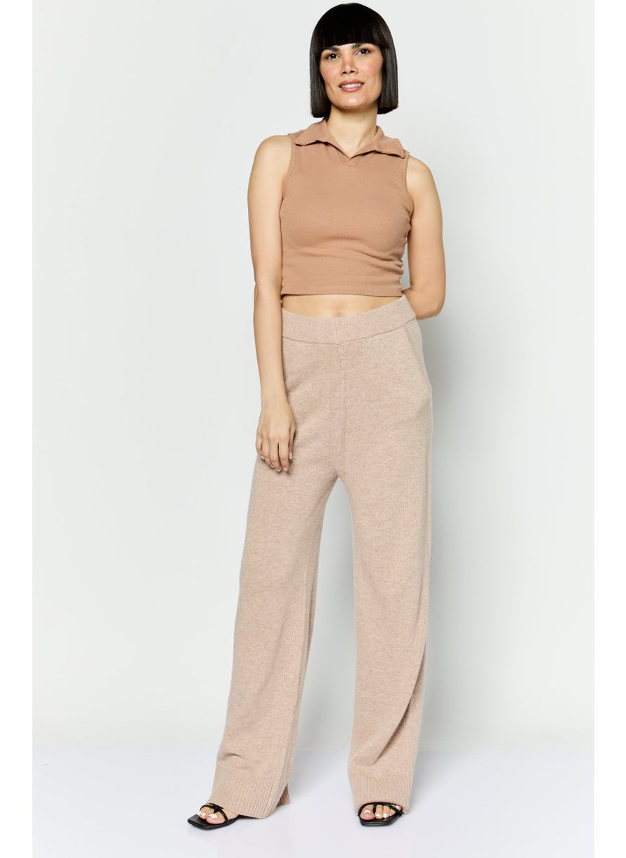 ESPRIT - Women Regular Fit Knitted Straight Leg Pants, Tan - Image 1
