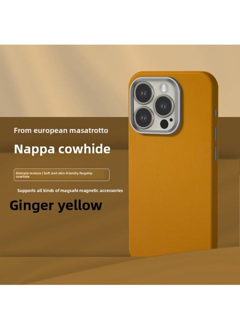 All-inclusive Fine Leather Case MagSafe Magnetic Application IPhone14pro Max Apple 15 Phone Case 13 Solid Color-Color:XYM Fine Texture Ginger-Applicable Model:15Pro (without Packaging)