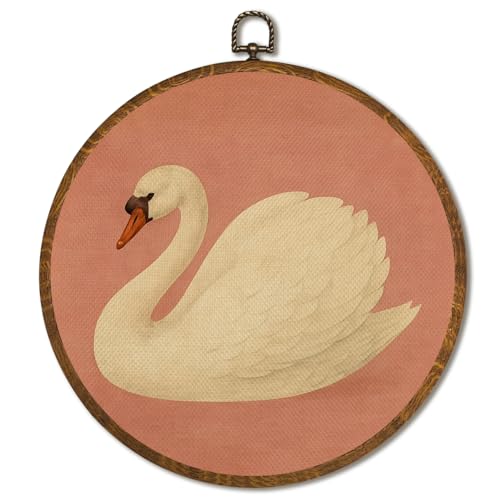 LANBAIHE Vintage White Swan Wall Art Decor 10x10 Inch Framed - Dark Moody Gothic Decor, Aesthetic Circular Art for Home Living Room, Unique Gift for Swan Lover, Neutral Retro Artwork (Pink Swan6) - Image 1