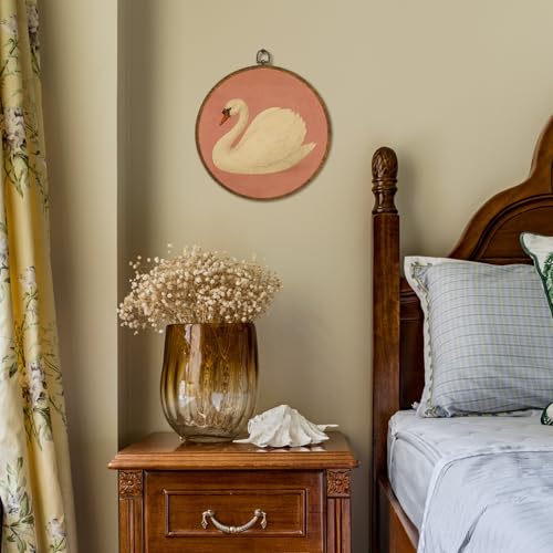 LANBAIHE Vintage White Swan Wall Art Decor 10x10 Inch Framed - Dark Moody Gothic Decor, Aesthetic Circular Art for Home Living Room, Unique Gift for Swan Lover, Neutral Retro Artwork (Pink Swan6) - Image 5